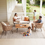 4-Piece Outdoor Rope Sofa Set With Glass Top Table (Beige & Off-White)