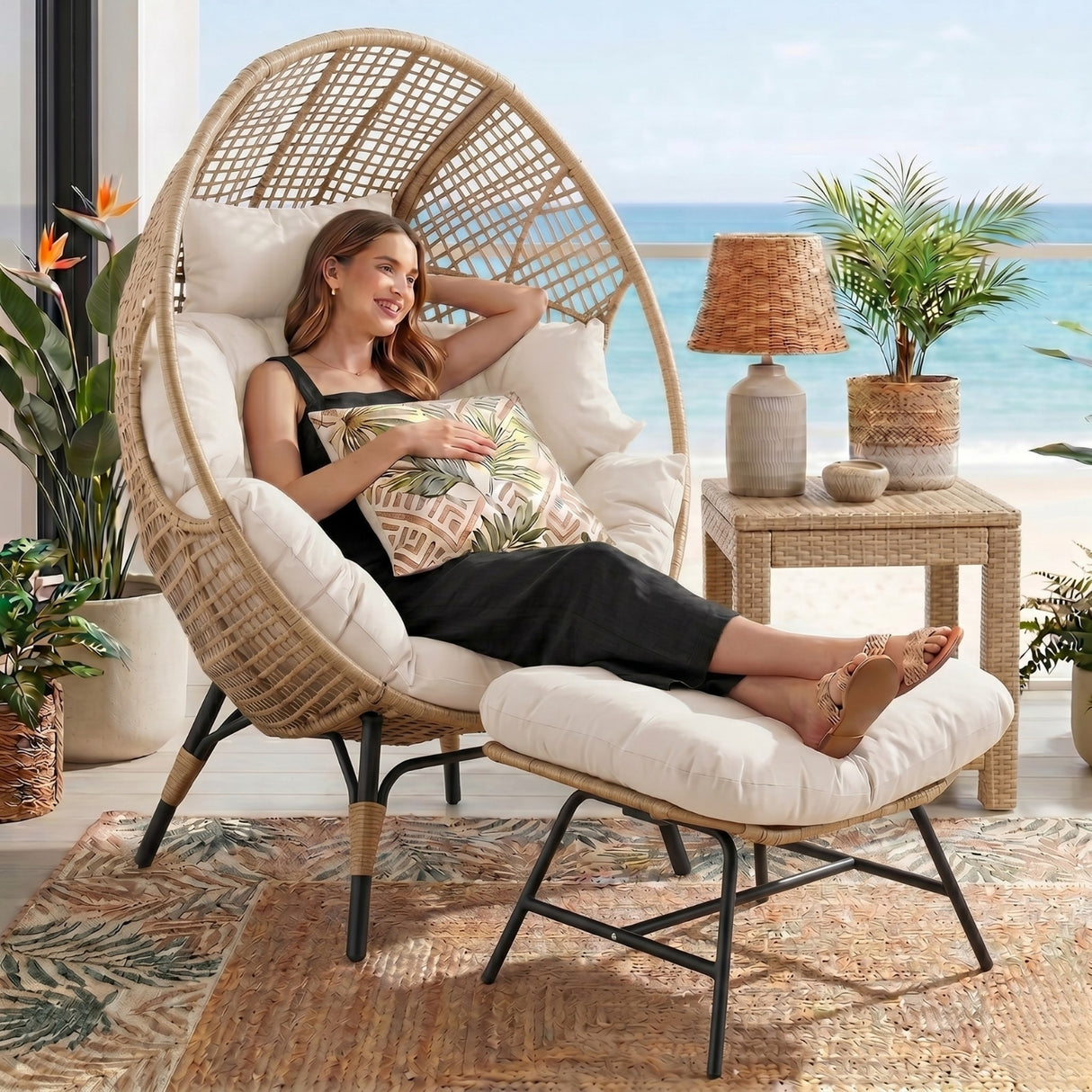 4-Piece Outdoor Wicker Egg Chair Set with Ottomans (Beige & Off-White)