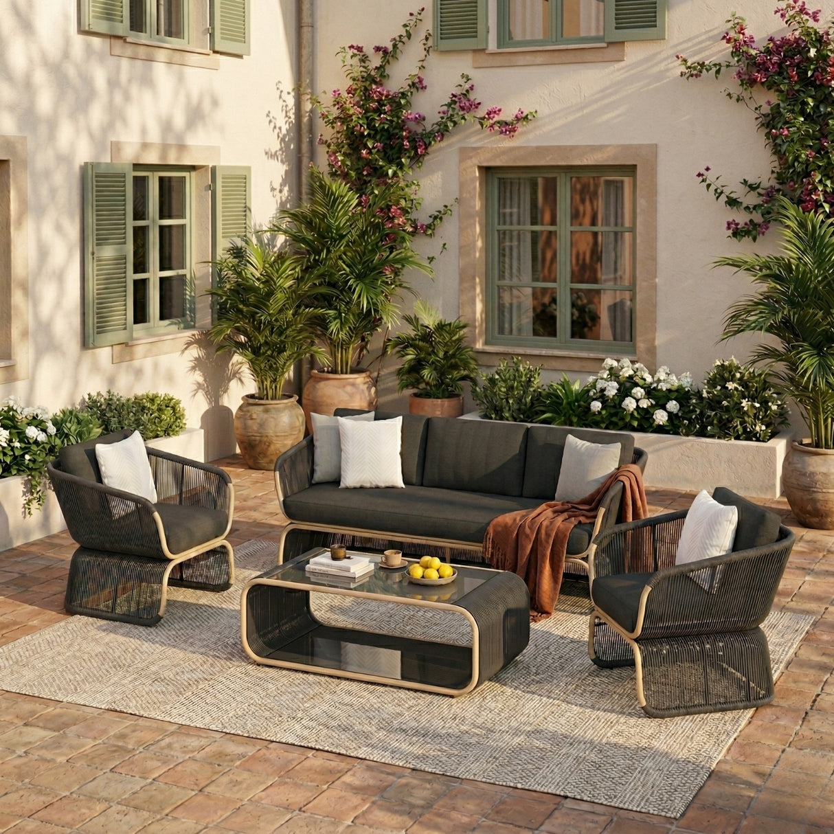 Outdoor Braided Rope Sofa Set With 2-Tier Glass Top Table