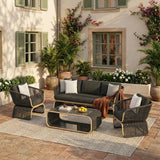 Outdoor Braided Rope Sofa Set With 2-Tier Glass Top Table