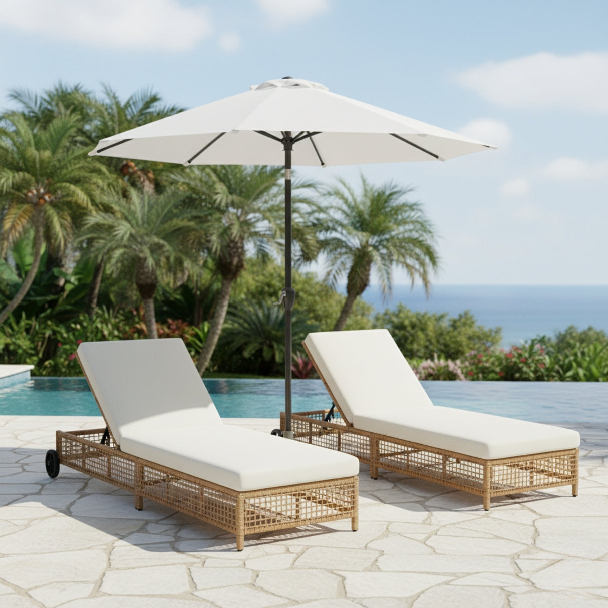 Outdoor Wicker Rattan Lounger Set of 2 with Patio Umbrella (Beige & Off-White)