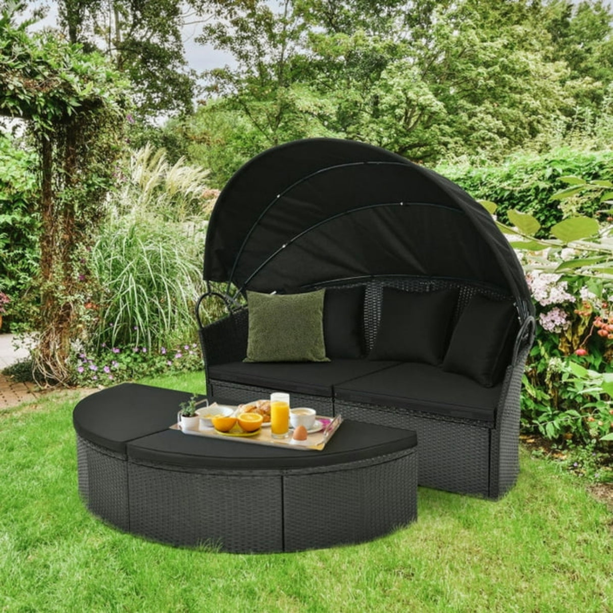 Outdoor Round Canopy Daybed Wicker Patio Furniture Set with Cushions