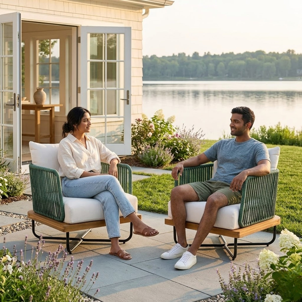 Premium All-Weather Outdoor Rope Sofa Chairs Set (Green & Off-White)