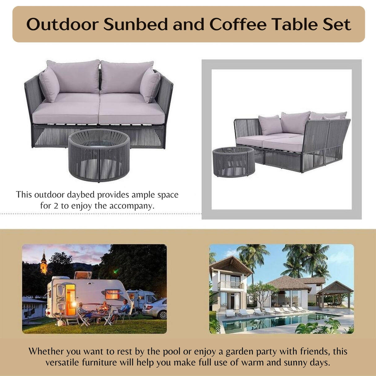 Outdoor Rope 2 Seater Patio Daybed With Side Table