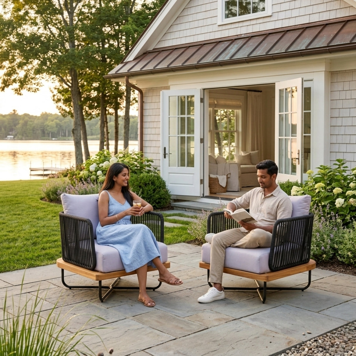 Premium All-Weather Outdoor Rope Sofa Chairs Set (Black & Off-White)