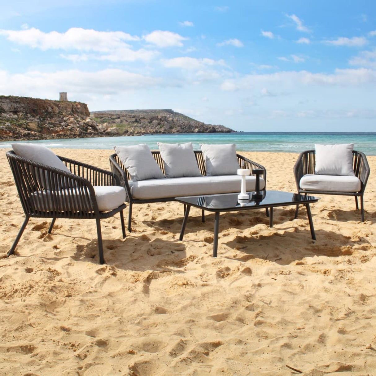 4-Piece Outdoor Rope Patio Sofa Set (Black & Off-White)