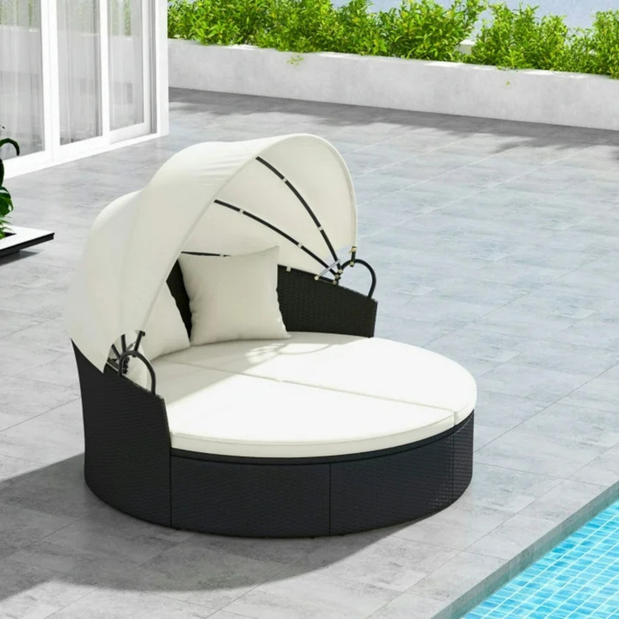 Outdoor Round Canopy Daybed Wicker Patio Furniture Set with Cushions
