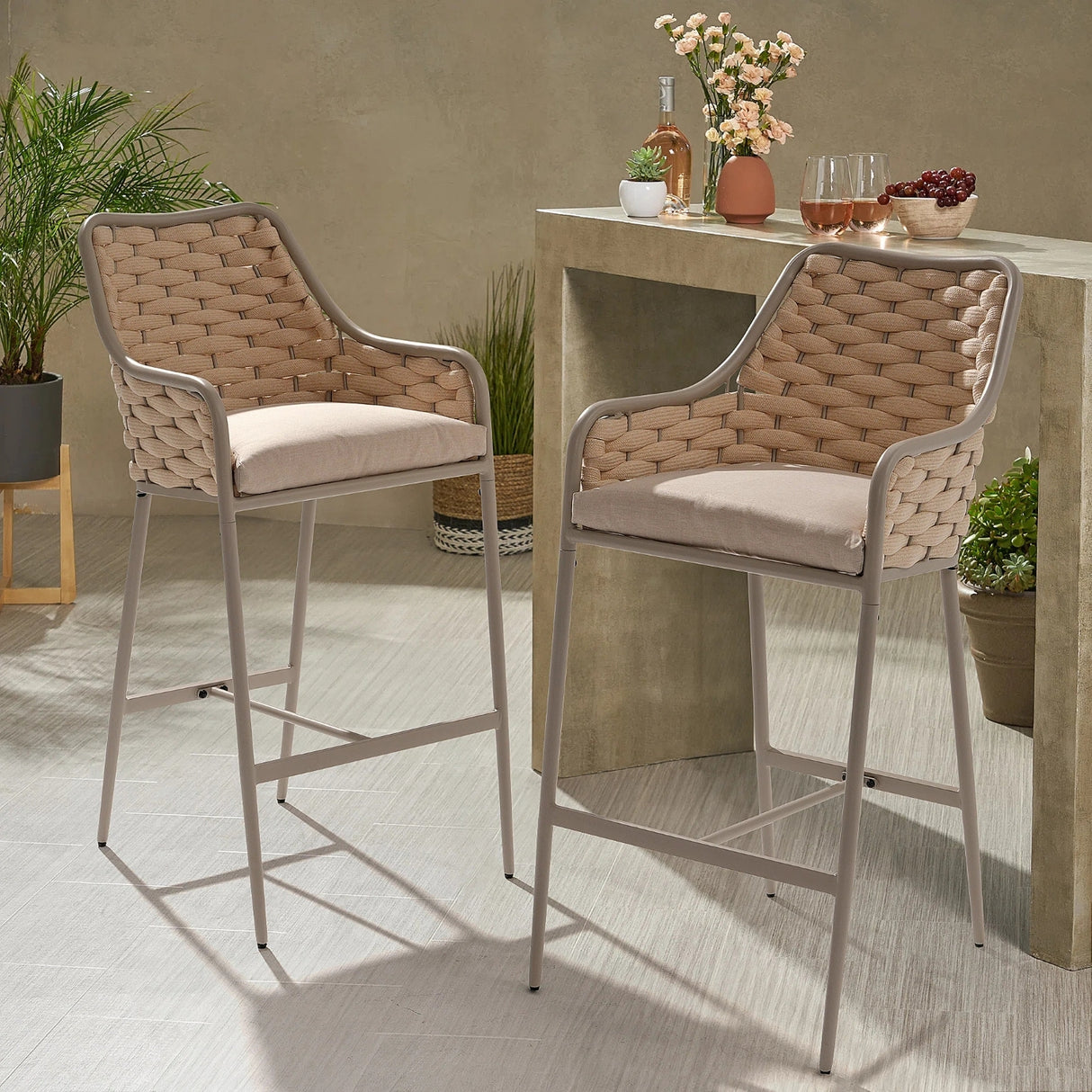 2-Piece Outdoor Rope Bar Chairs – Stylish Comfort Built to Last