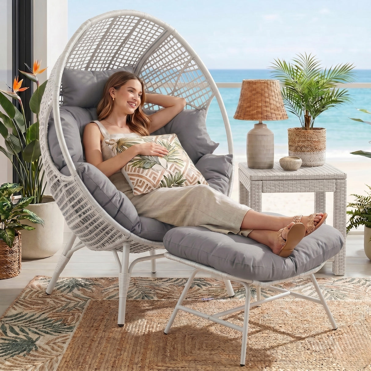 4-Piece Outdoor Wicker Egg Chair Set with Ottomans (White & Grey)