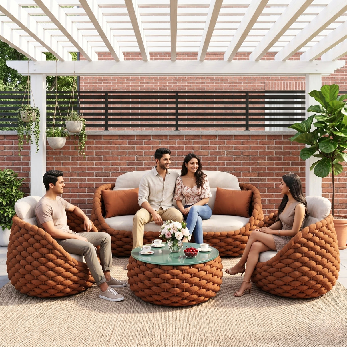Outdoor Rope 5-Seater Sofa Set with Glass Top Center Table (Brown & Off-White)