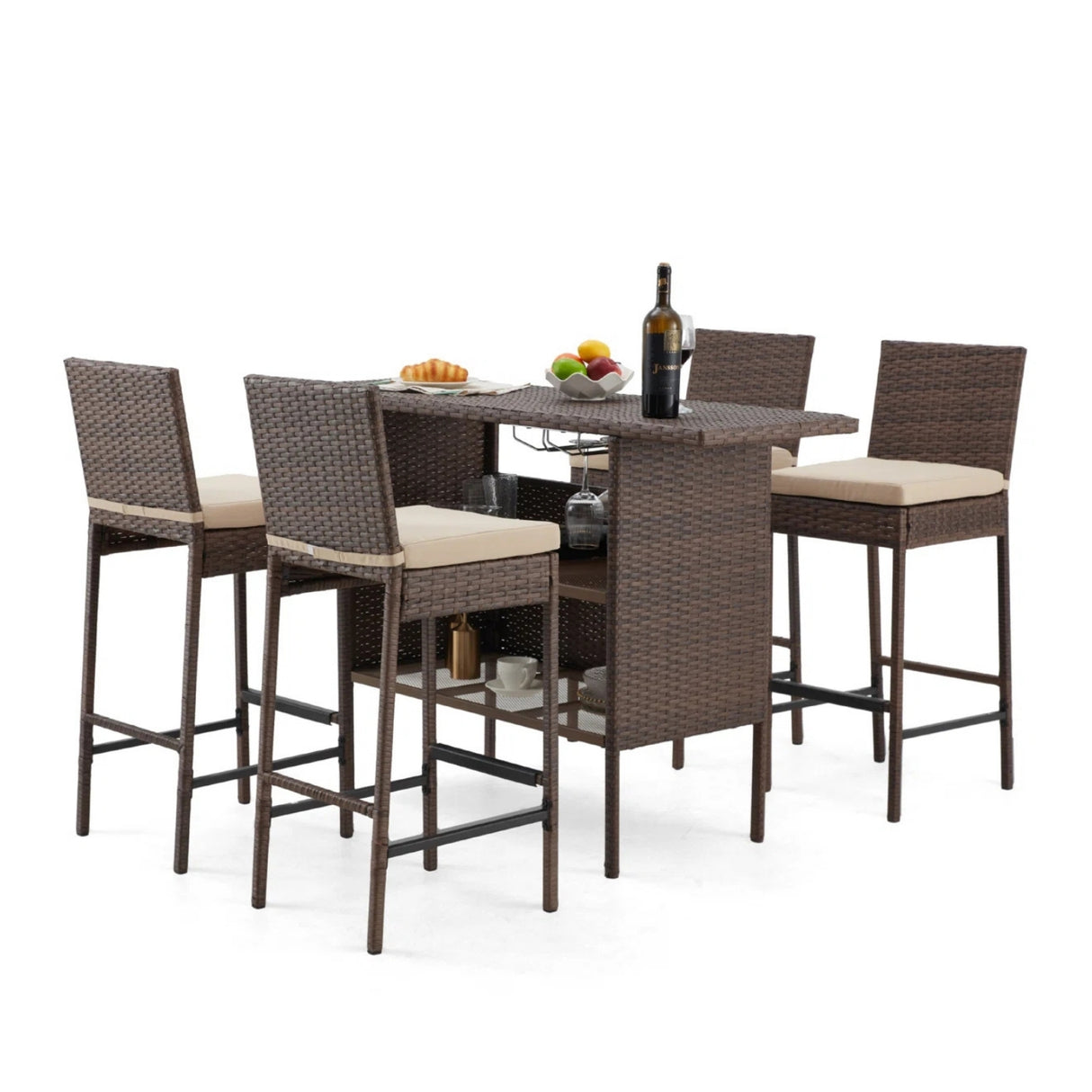 5-Piece Outdoor Rattan Wicker Bar Set with Wicker Top Table