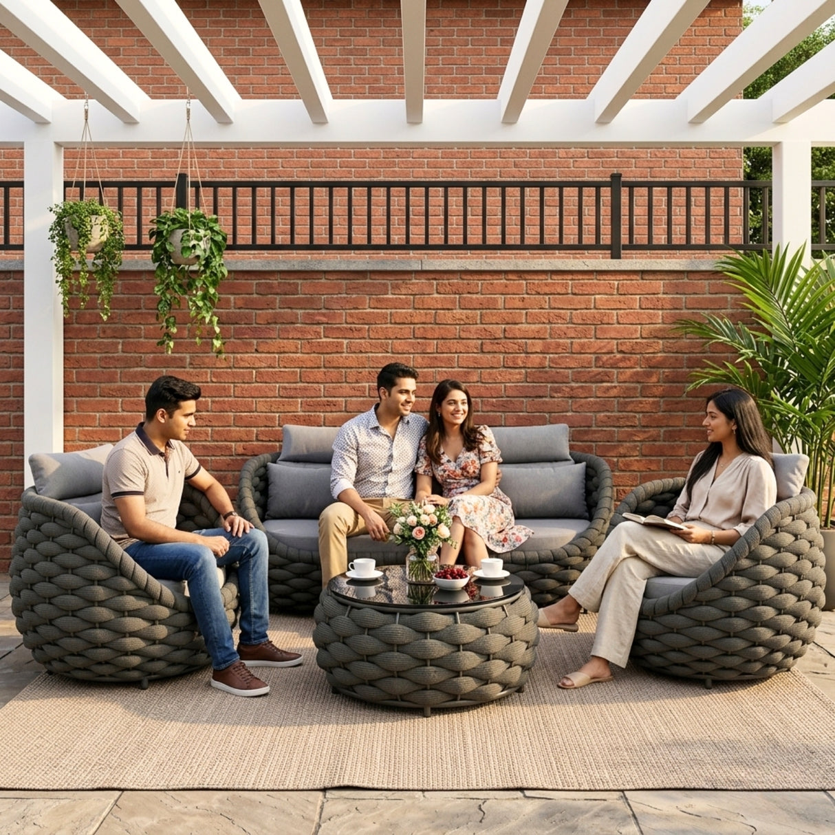 Outdoor Rope 5-Seater Sofa Set with Glass Top Center Table ( Blackish Grey & Grey)
