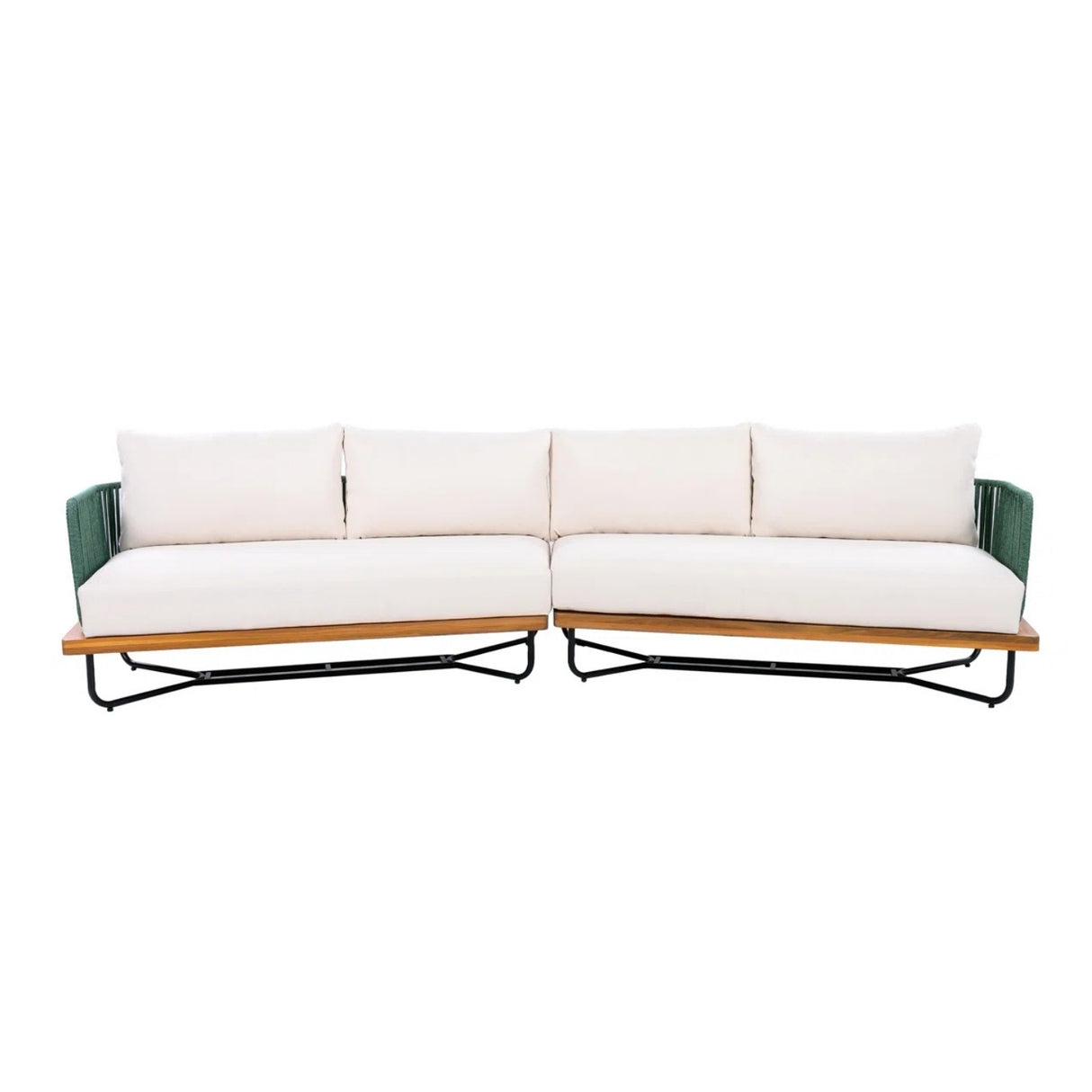 Outdoor Rope Sofa Set with Wooden Base & Teak Finish Coffee Table (Green & Off-White)