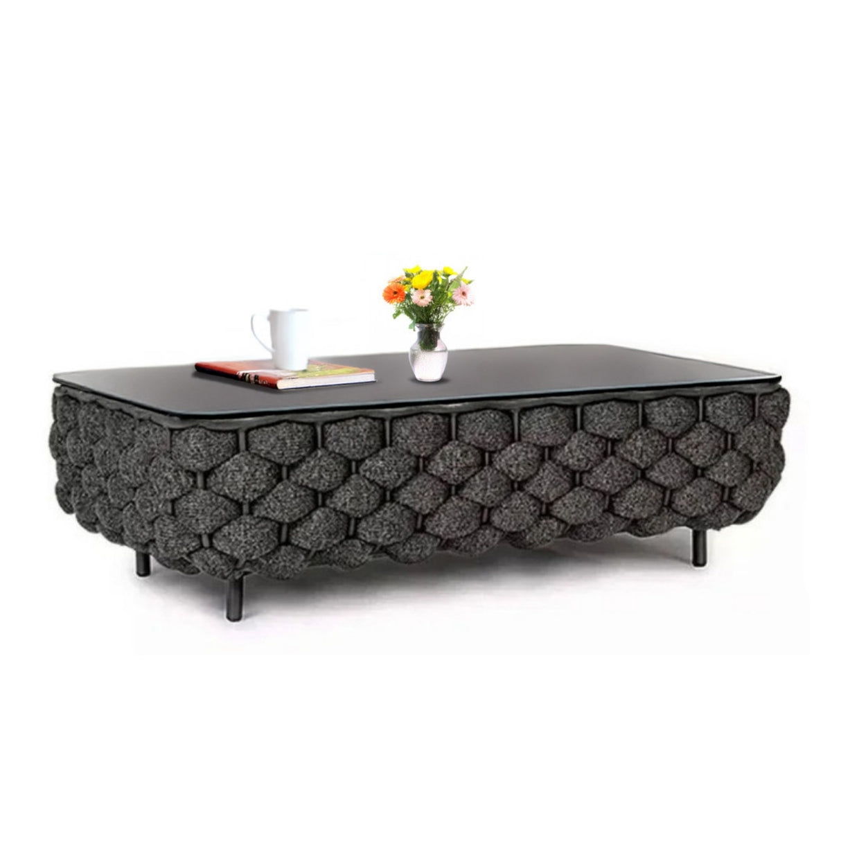 4 Piece Outdoor Rope Sofa Set with Glass Top Coffee Table (Black)