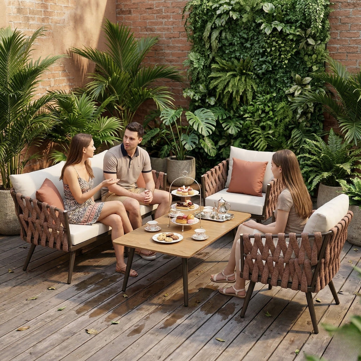 4-Piece Outdoor Rope Sofa Set With Glass Top Table (Brown & Off-White)