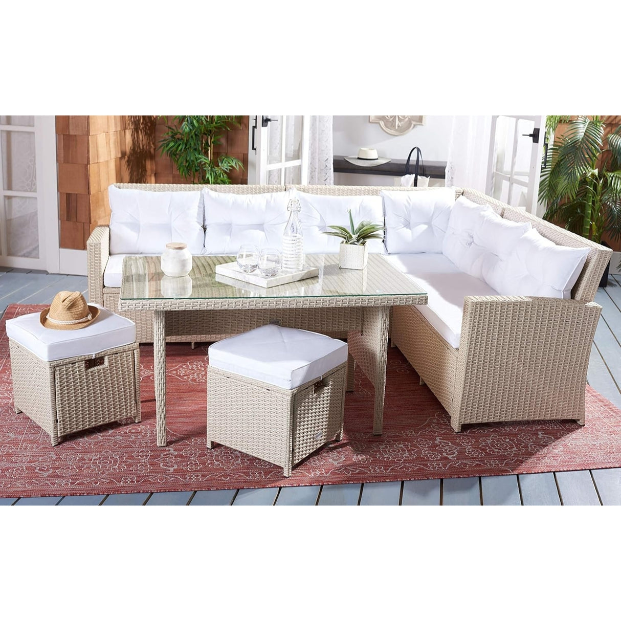 5-Piece Wicker Patio Conversation Set (Beige/White)