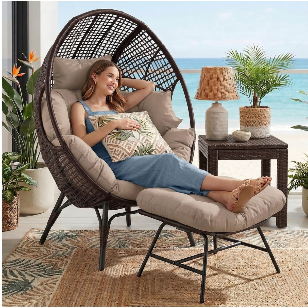 4-Piece Outdoor Wicker Egg Chair Set with Ottomans (Dark Brown & Cream)