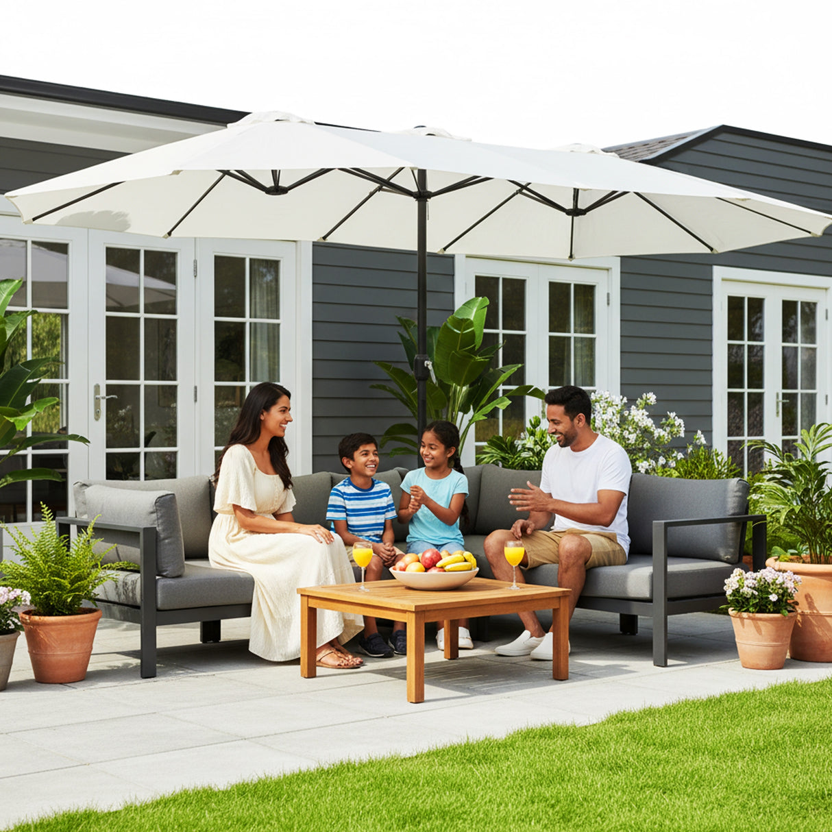 15FT Double-Sided Outdoor Patio Umbrella with Granite Base (White)