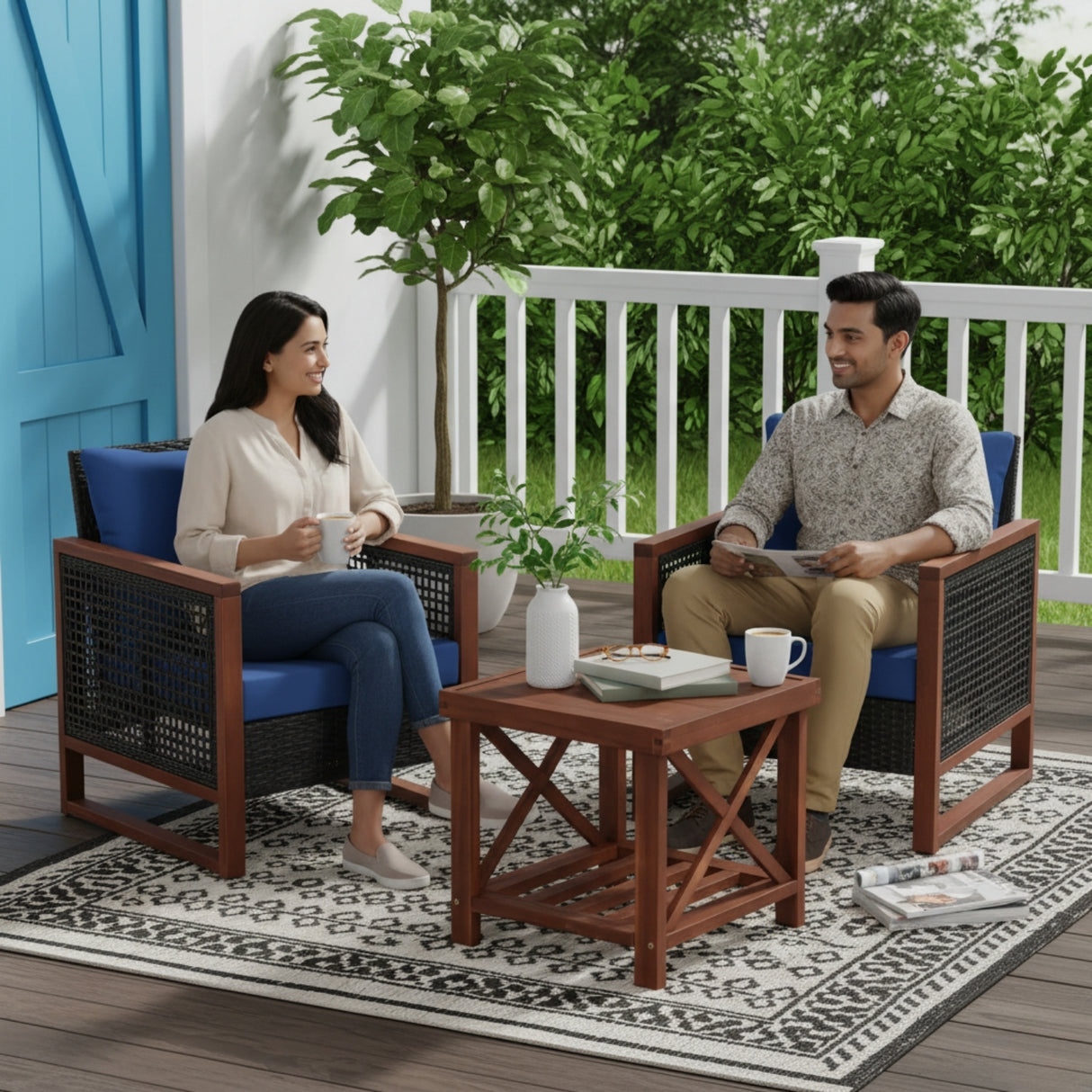 Outdoor Wicker 3-Piece Patio Furniture Set with Solid Wooden Frames (Dark Brown & Blue)