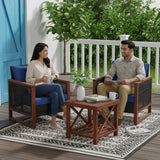 Outdoor Wicker 3-Piece Patio Furniture Set with Solid Wooden Frames (Dark Brown & Blue)