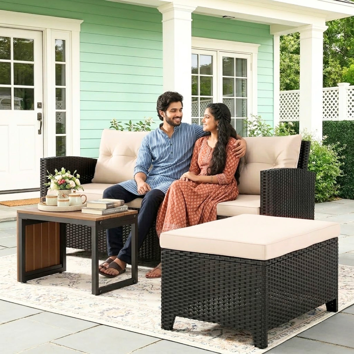 Outdoor Wicker L-Shape Sofa Set with Ottoman & Convertible Wooden Coffee Table