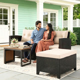 Outdoor Wicker L-Shape Sofa Set with Ottoman & Convertible Wooden Coffee Table