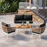 Outdoor Rope Sofa Set with Wooden Top Center Table (Beige & Black)