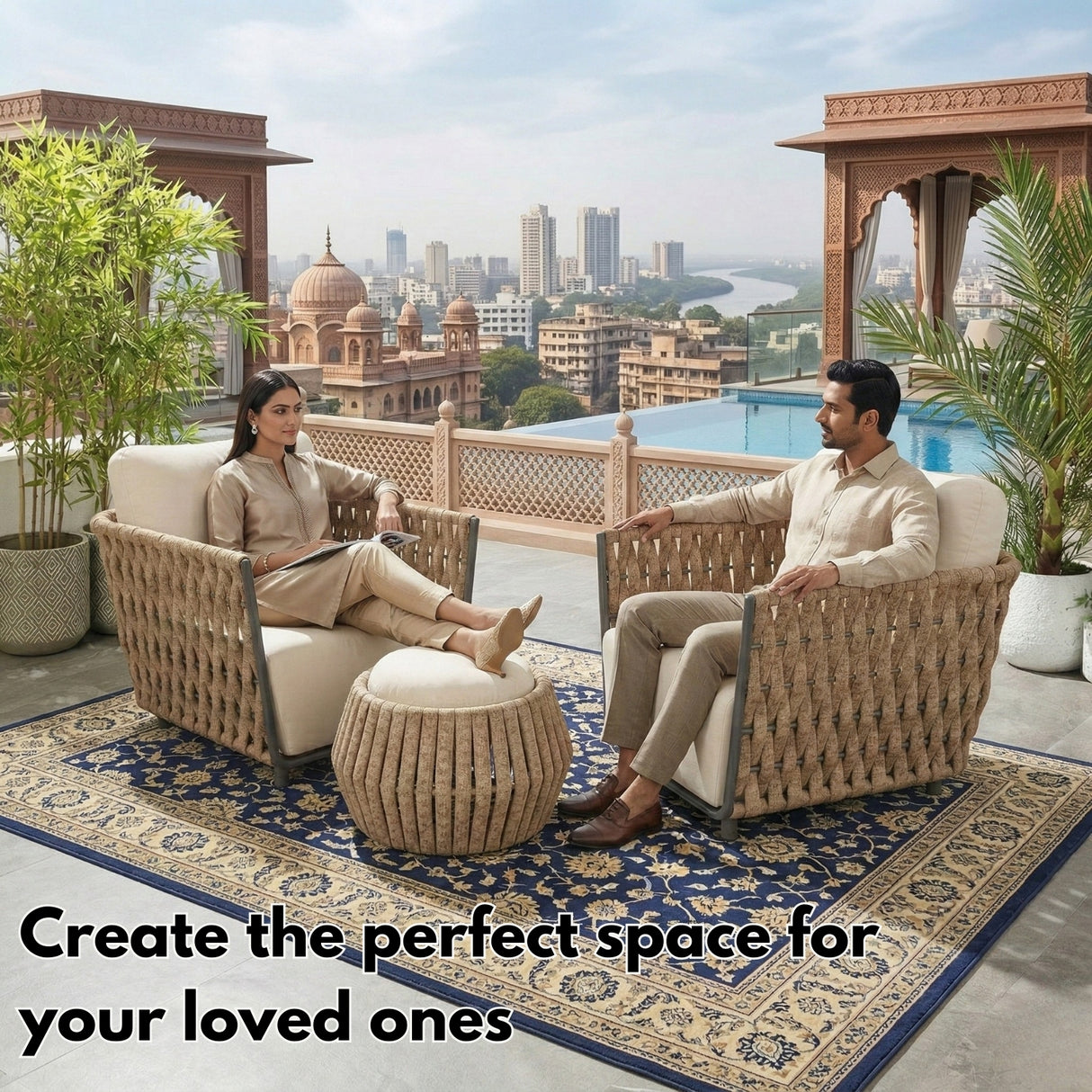 Outdoor Rope 3-Piece Patio Sofa Set (Beige & Off-White)