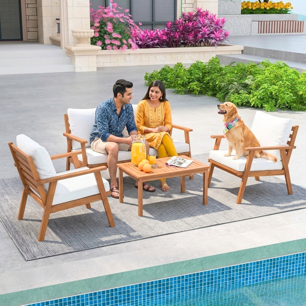 Outdoor Teak Wood 4-Piece Sofa Set with Slatted Center Table
