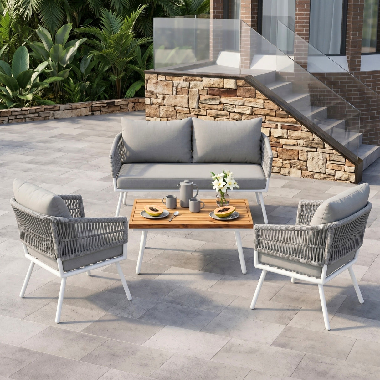 Outdoor Rope Sofa Set with Wooden Top Center Table (Grey)