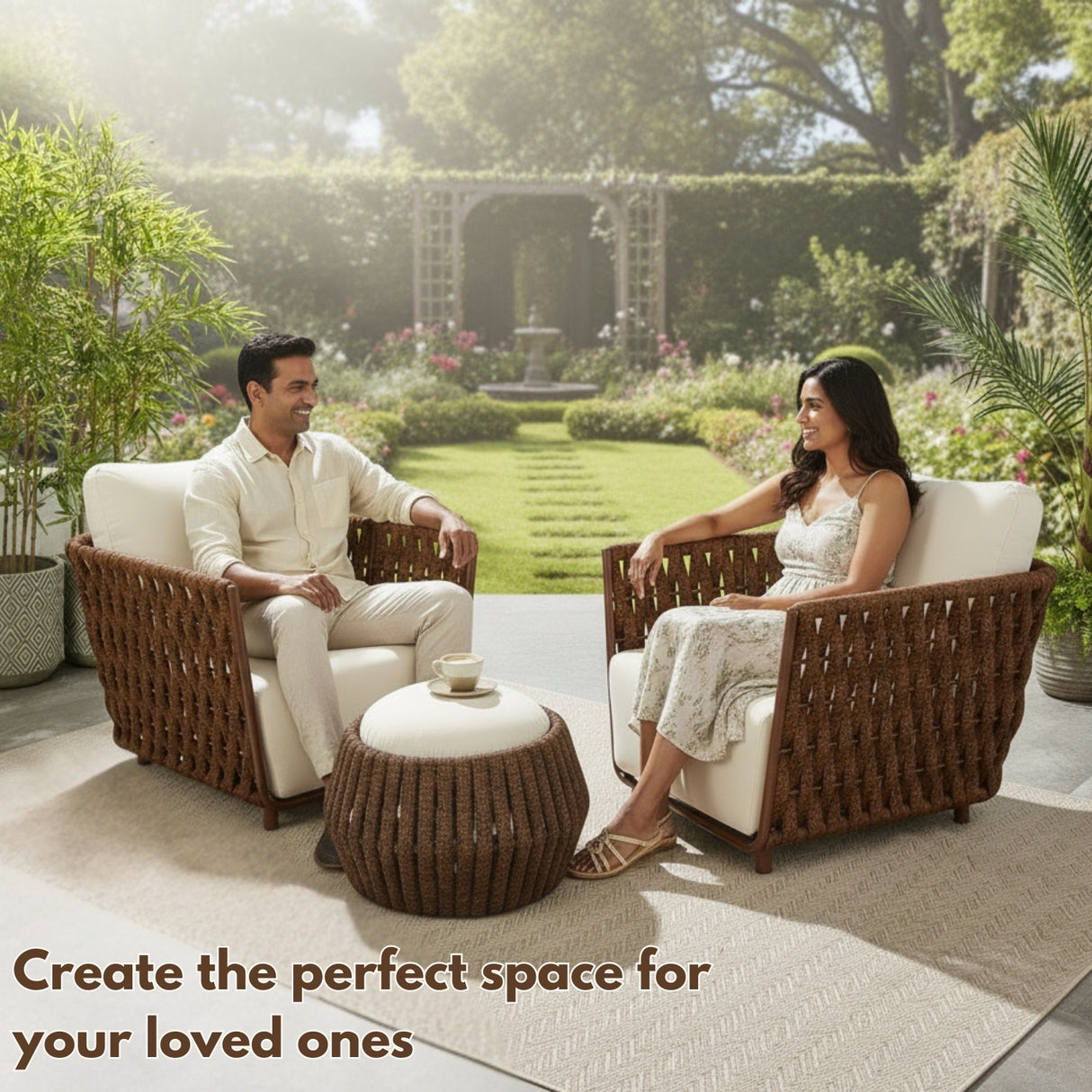 Outdoor Rope 3-Piece Patio Sofa Set (Brown & Off-White)