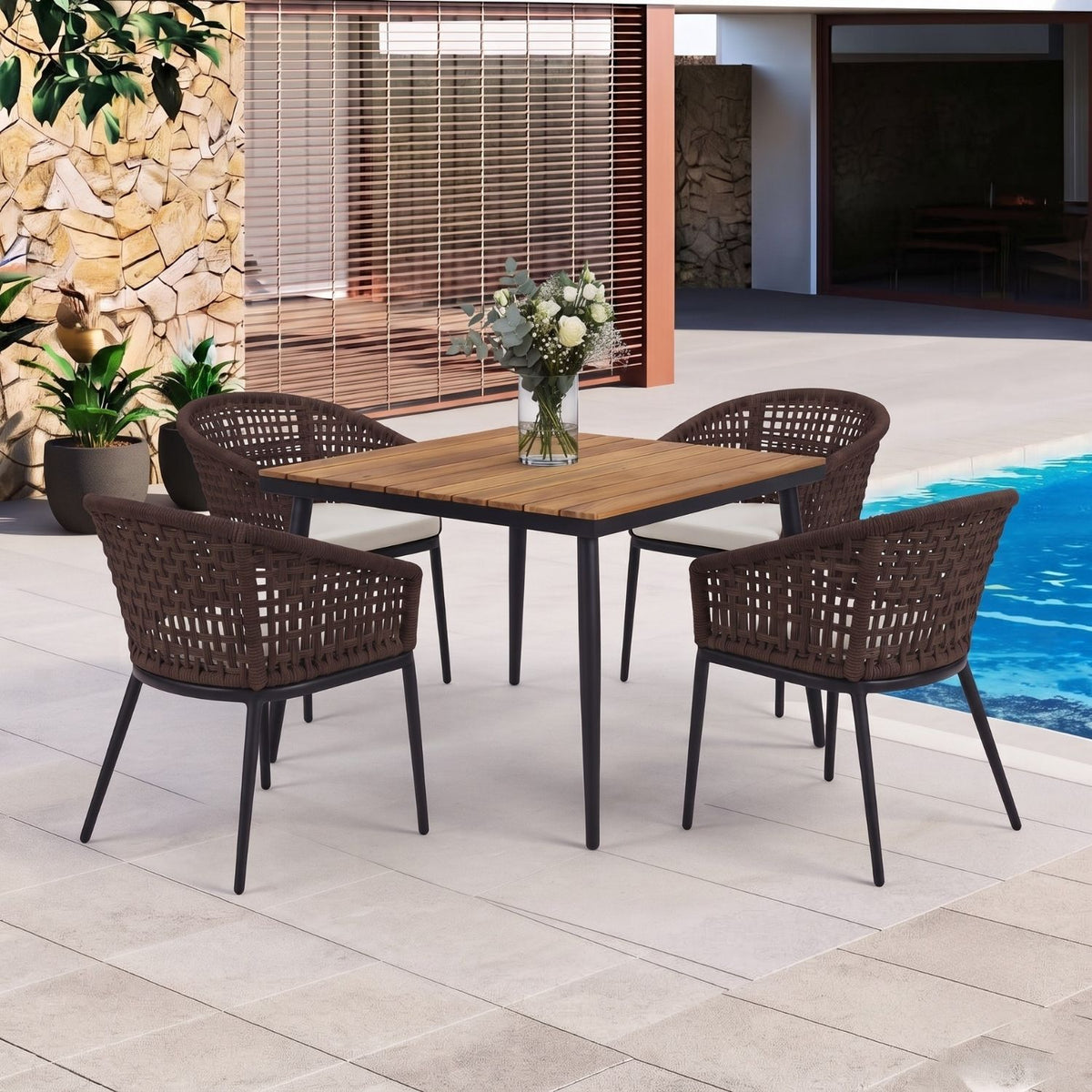 5-Piece Outdoor Patio Dining Set With Wooden Tabletop