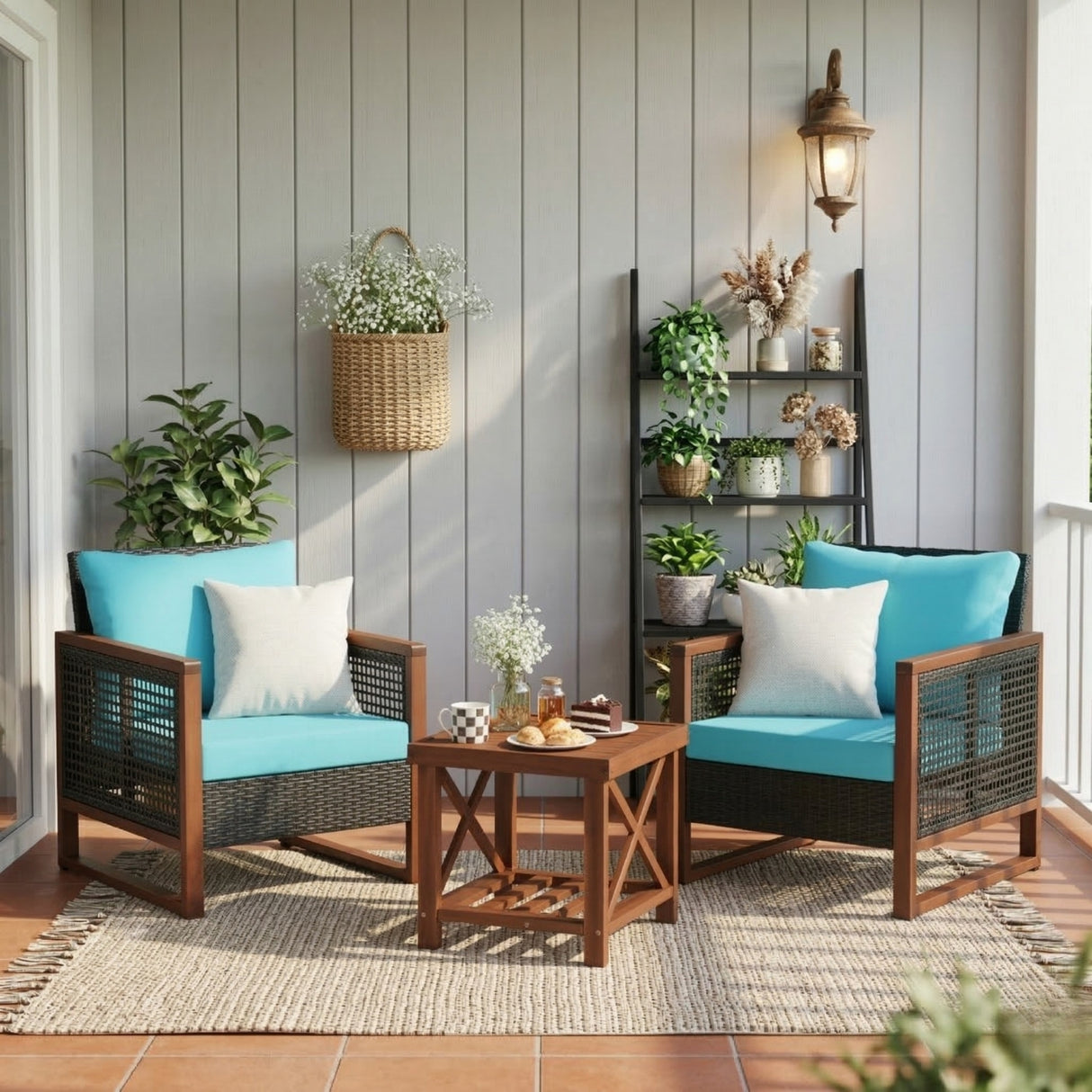 Outdoor Wicker 3-Piece Patio Furniture Set with Solid Wooden Frames (Dark Brown & Sky-Blue)