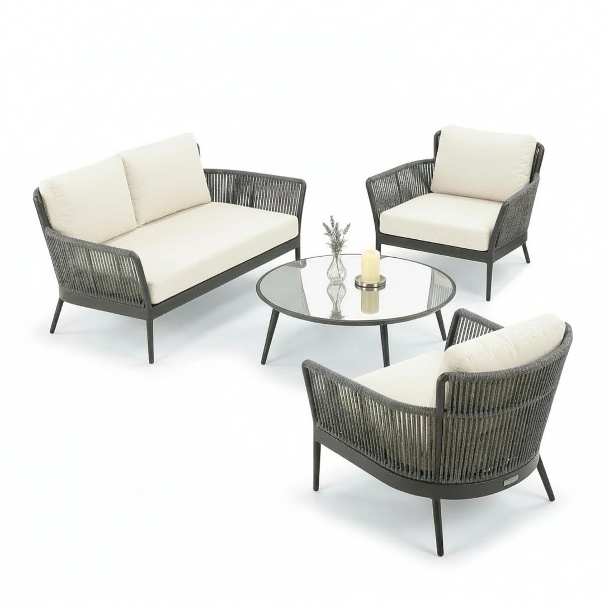 4-Piece Outdoor Rope Patio Furniture Set with Glass Top Table (Grey & Off-White)