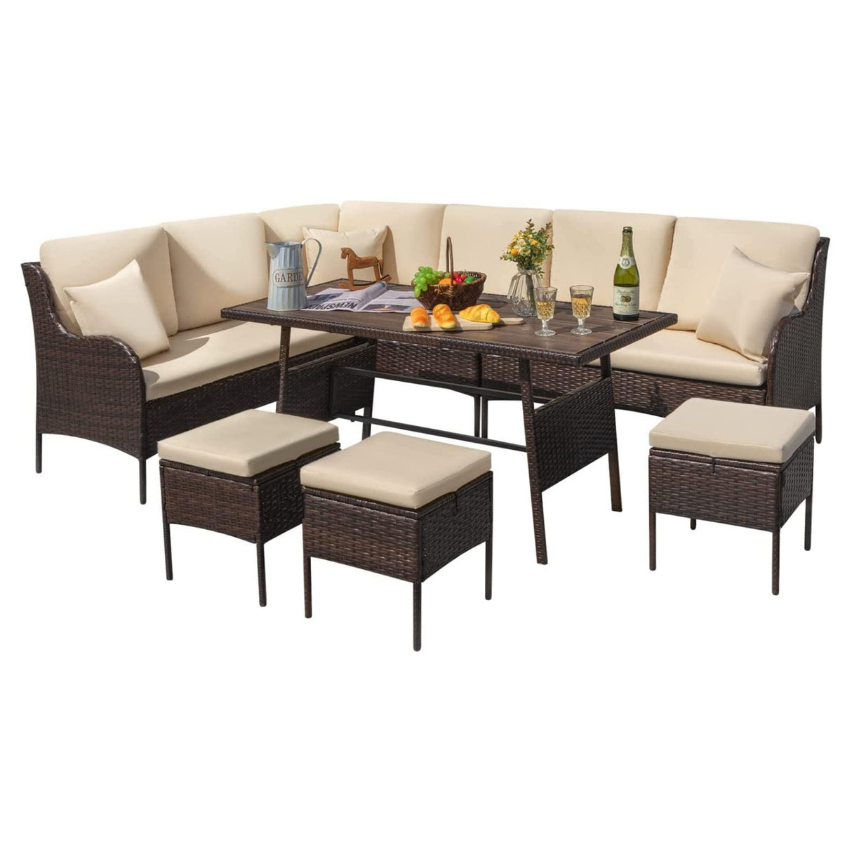 6 Piece Outdoor Patio Furniture Set (Dark Brown & Cream)