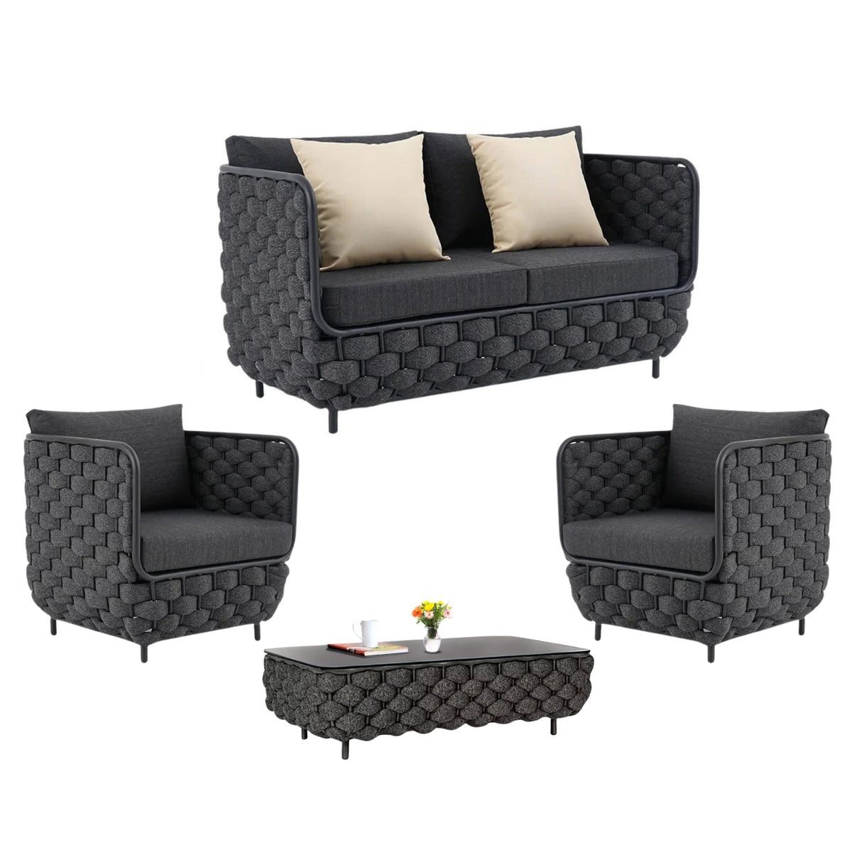 4 Piece Outdoor Rope Sofa Set with Glass Top Coffee Table (Black)