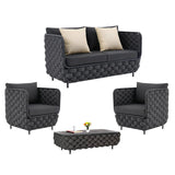 4 Piece Outdoor Rope Sofa Set with Glass Top Coffee Table (Black)