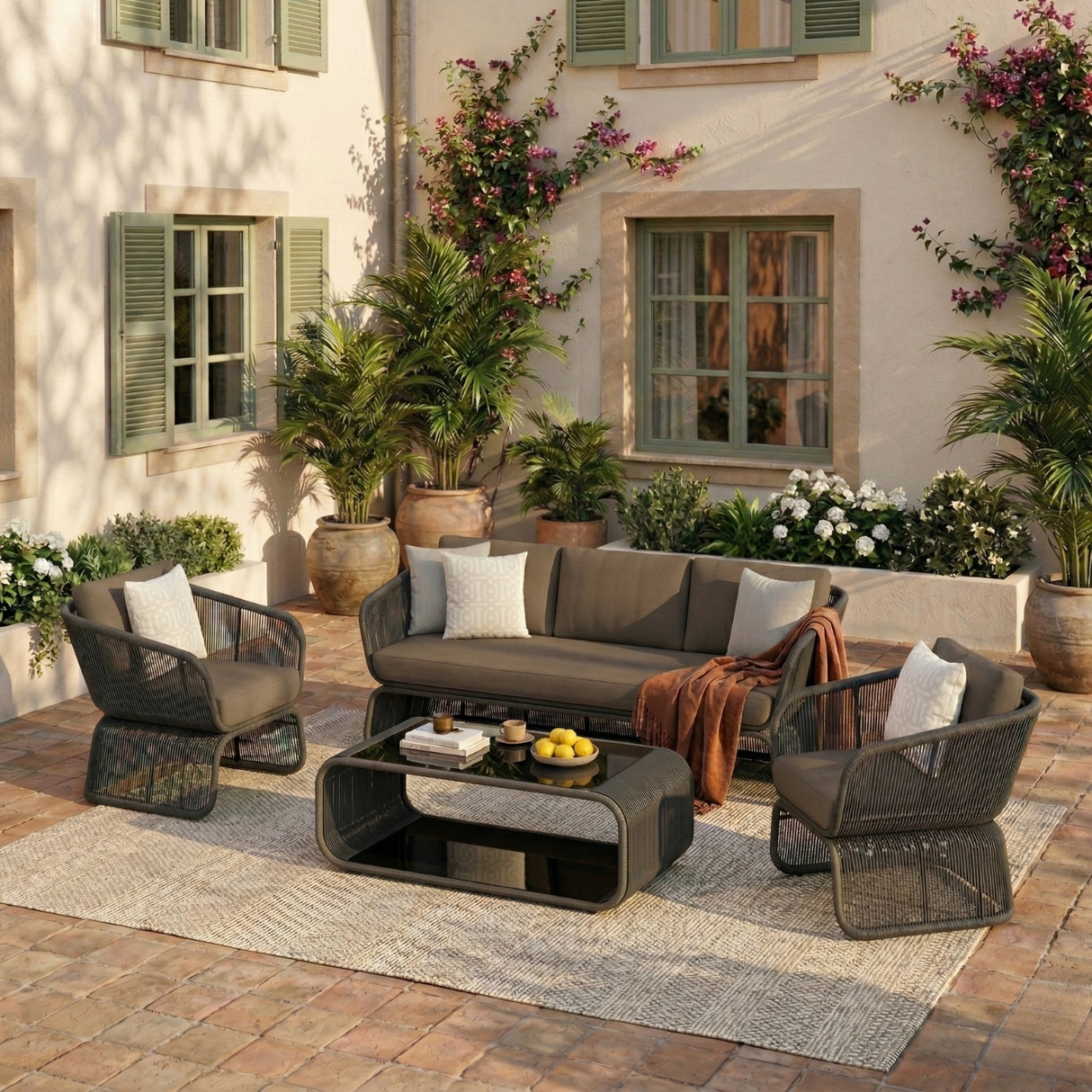 Outdoor Braided Rope Sofa Set With 2-Tier Glass Top Table