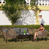 Outdoor Rope 4-Piece Patio Sofa Set with Glass Top Table (Beige & Dark Grey)