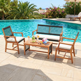 Outdoor Rope & Teak Wood 4-Piece Sofa Set (Black & White)