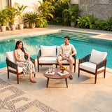 Outdoor Rope Sofa Set with  Round Slatted Coffee Table (Black & Off-White)