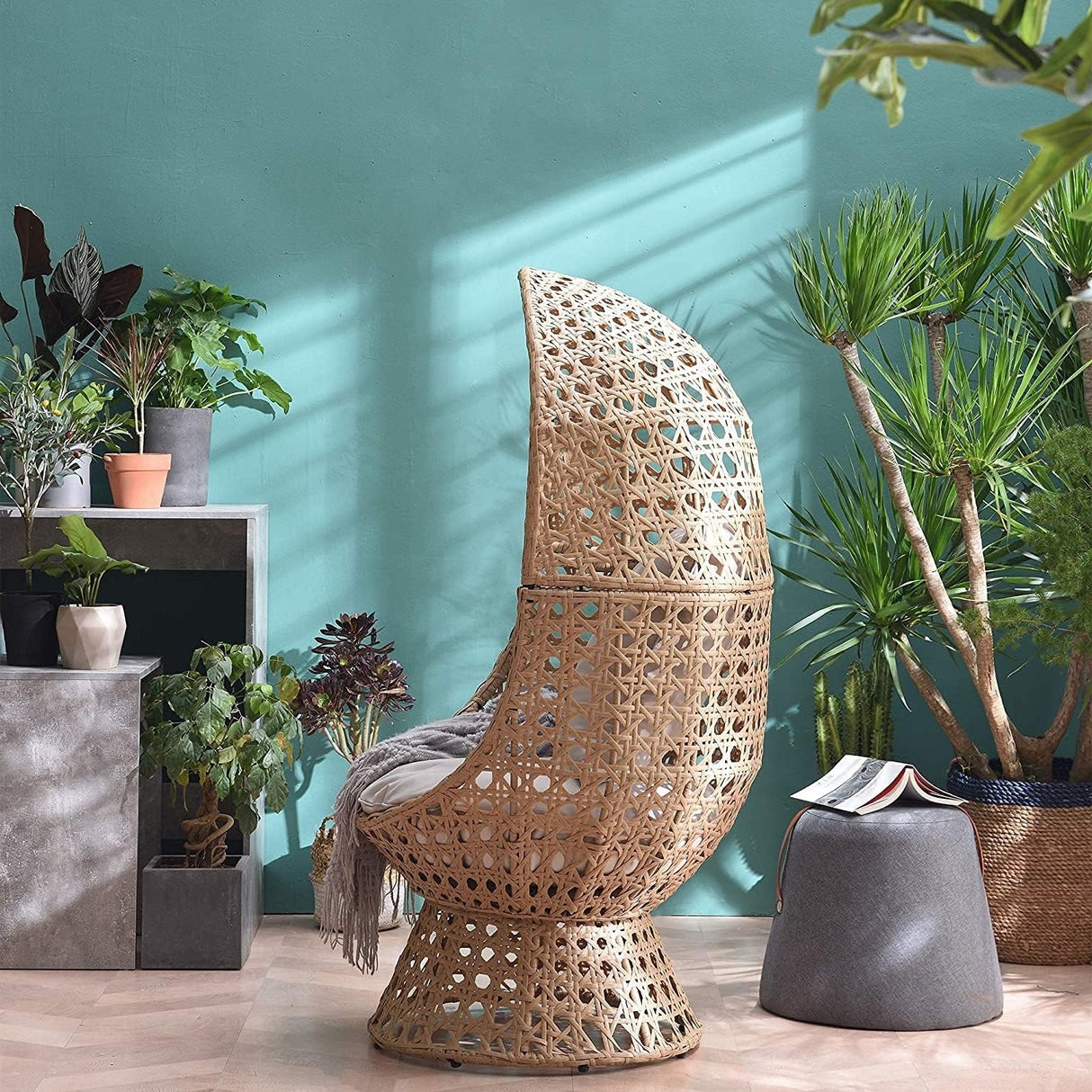 Outdoor Beige Rattan Wicker Cocoon Chair