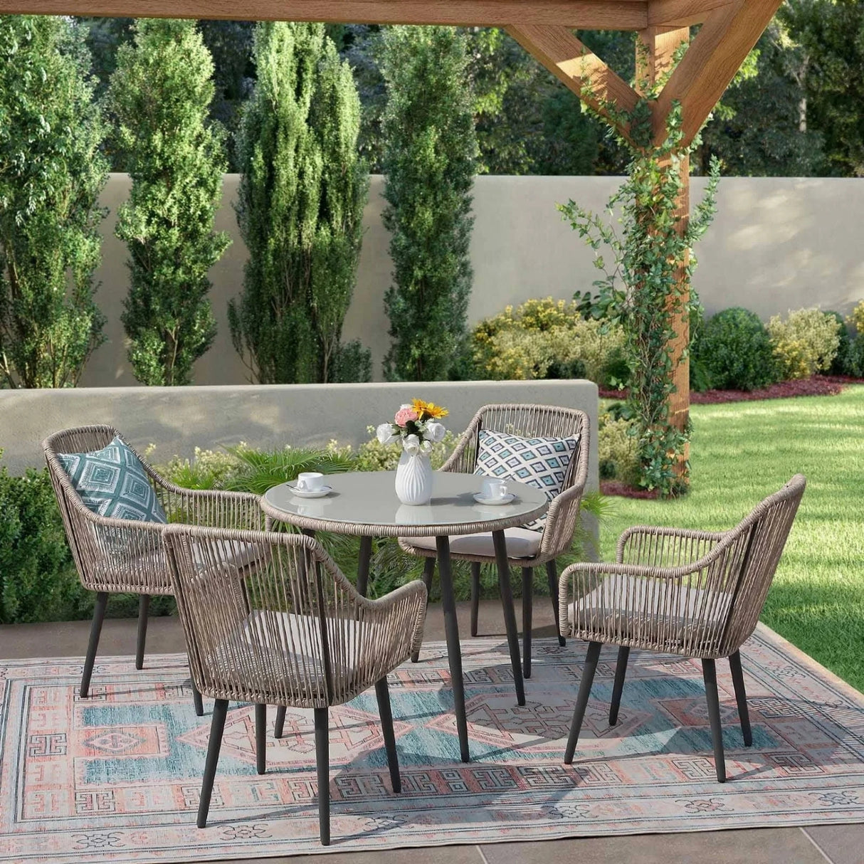 5-Piece Outdoor Rope Patio Dining Set With Glass Top Table