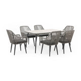 7-Piece Outdoor Patio Dining Set with Rope Chairs & Glass Top Table