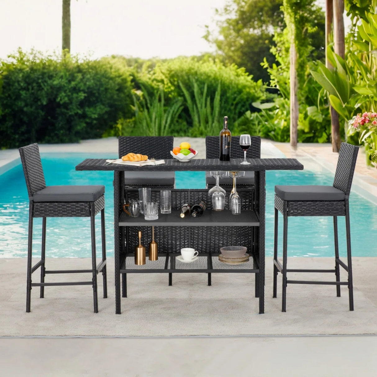 5-Piece Outdoor Rattan Wicker Bar Set with Wicker Top Table