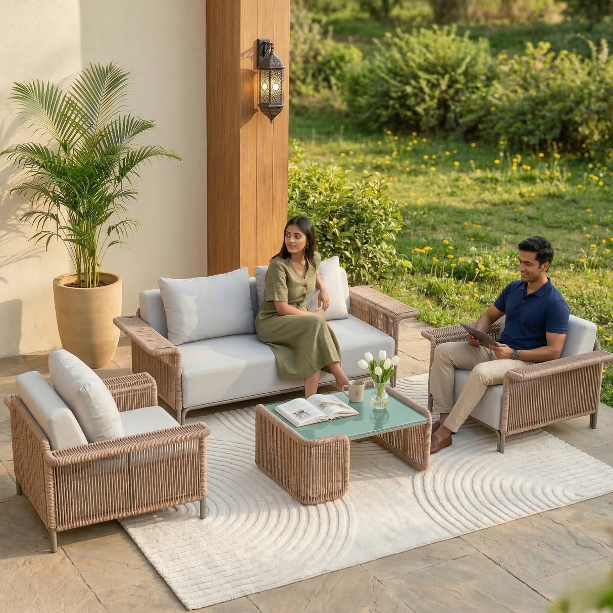 4-Piece Outdoor Rope Patio Conversation Set (Beige & Off-White)