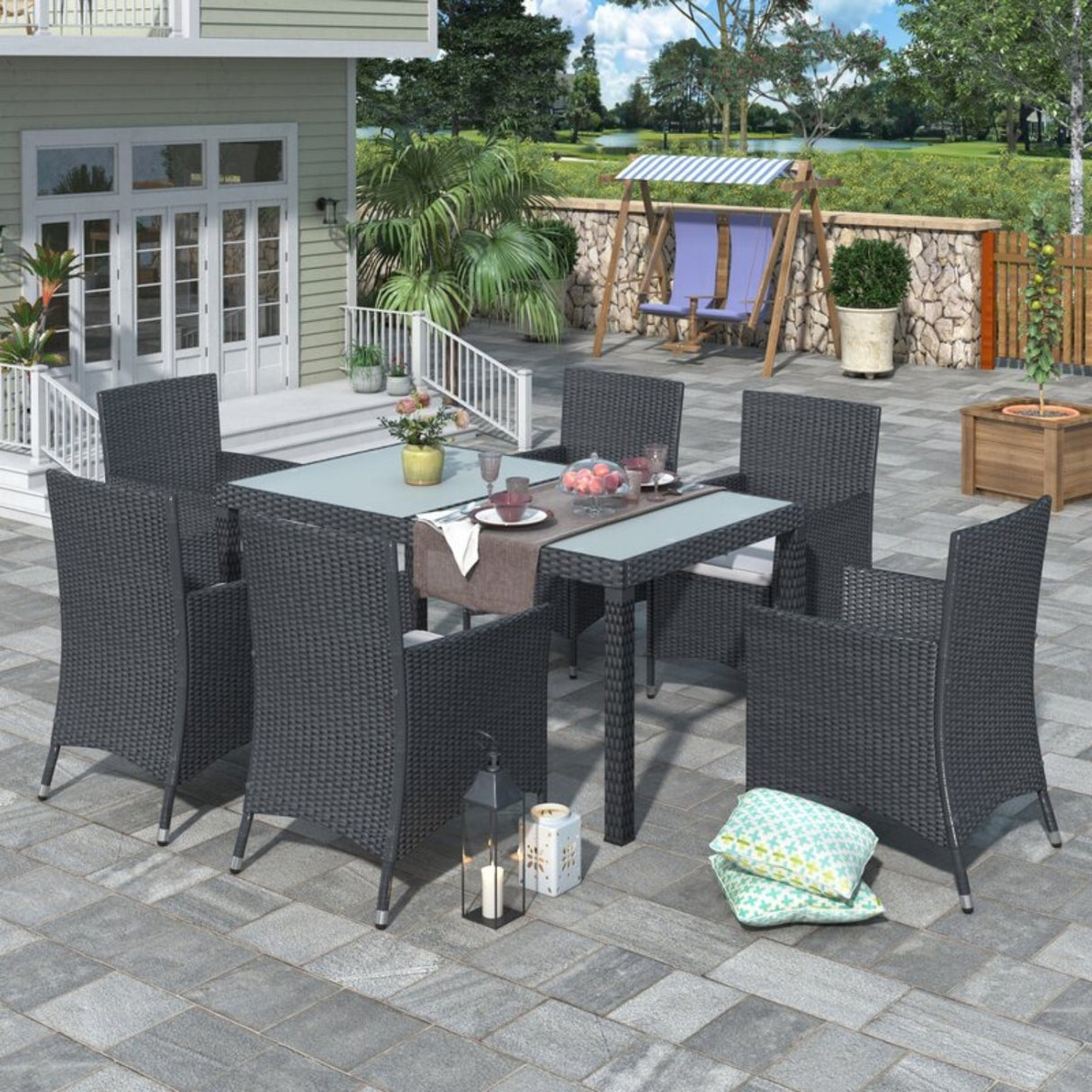 7-Piece Outdoor Rattan Wicker Dinning Table Set