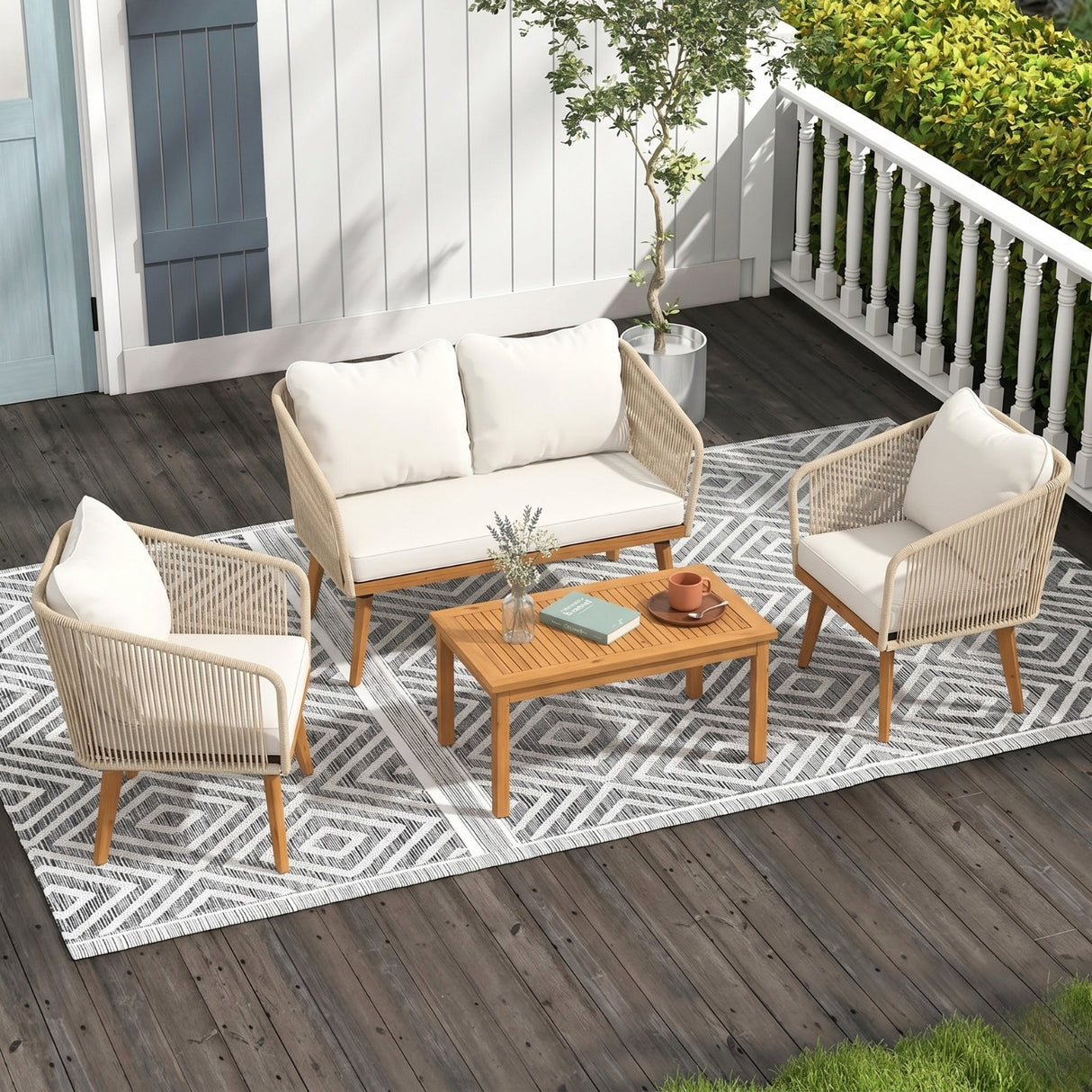 Outdoor Rope 4-Piece Patio Sofa Set with Wooden Legs & Coffee Table (Platinum & Off-White)