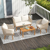 Outdoor Rope 4-Piece Patio Sofa Set with Wooden Legs & Coffee Table (Platinum & Off-White)