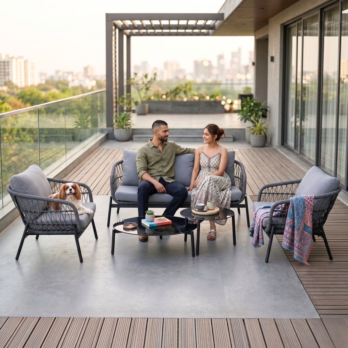 Outdoor 5 Seater Rope Conversation Sofa Set (Grey)